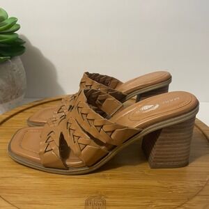 Marc Fisher Matina Block Heel Sandal Women’s 6.5 Brown Woven Square Toe Coastal